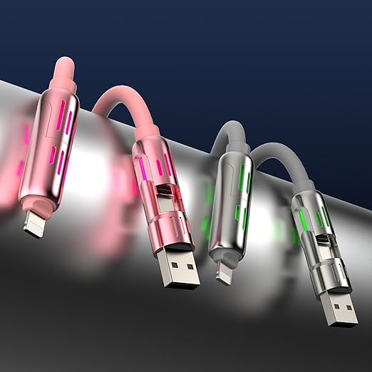 MFish 240W 4-in-1 Universal USB Charging Cable [2 Pack, 6.6ft] – Fast Charger Cord with USB-A, Dual USB-C & Lighting, for iPhone 14/15/16/17 Series, iPad & MacBook & More (2PACK, Pink+Grey, 6.6Ft)