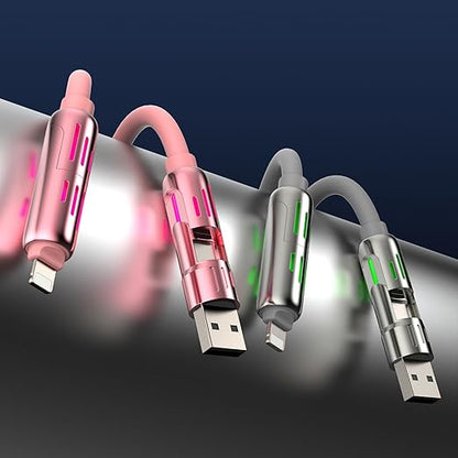 MFish 240W 4-in-1 Universal USB Charging Cable [2 Pack, 6.6ft] – Fast Charger Cord with USB-A, Dual USB-C & Lighting, for iPhone 14/15/16/17 Series, iPad & MacBook & More (2PACK, Pink+Grey, 6.6Ft)