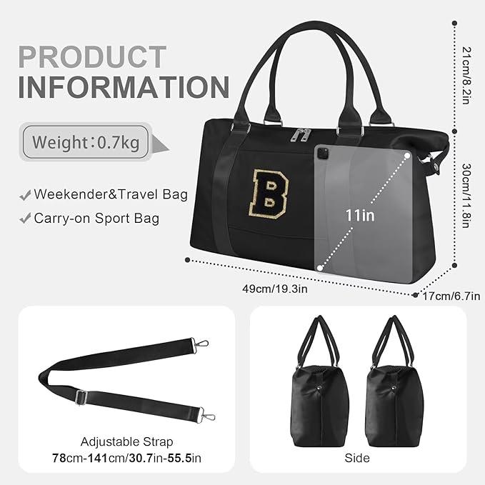 Dance Gym Duffel Bag for Teen Girls, Personalized Initial Travel Weekender Bag,Cute Overnight Carry On Duffle for Women,Sports Travel Cheer Bag,Monogram Christmas Gifts for Tween Preppy(black-B)