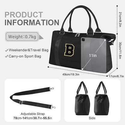 Dance Gym Duffel Bag for Teen Girls, Personalized Initial Travel Weekender Bag,Cute Overnight Carry On Duffle for Women,Sports Travel Cheer Bag,Monogram Christmas Gifts for Tween Preppy(black-B)