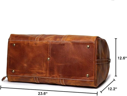 24 Inch Leather Travel Weekend Luggage Bag, Mens Duffle Retro Carry on Handbag (Brown)