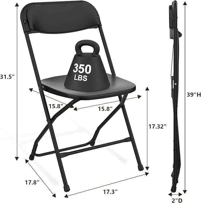 Folding Chairs 4 Pack, Outdoor Portable Foldable Chair with Steel Frame, 350lbs Capacity Heavy Duty Metal Black Plastic Folding Chairs for Patio, Picnic, Kitchen, Dining