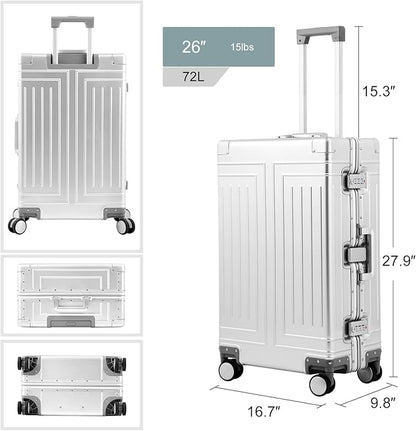 All Aluminum Carry On Luggage，Cut from Whole Aluminum Sheet，22x14x9 Airline Approved ，（3rd Generation，Premium Metal zipperless suitcase ） (silvery, 26inch)
