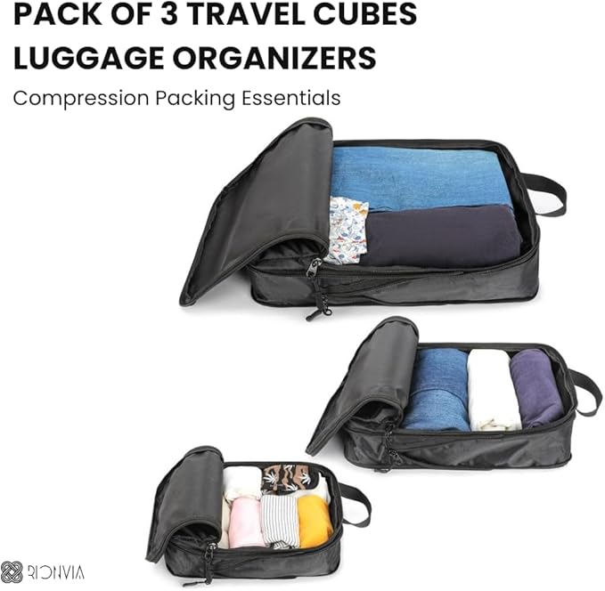 3-Piece Compression Packing Cubes Set – Lightweight Waterproof Luggage Organizers with Handles and Zippers, Space-Saving Travel Packing Organizers for Suitcases, Men & Women