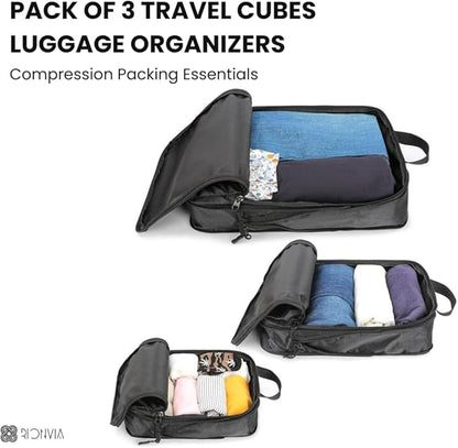 3-Piece Compression Packing Cubes Set – Lightweight Waterproof Luggage Organizers with Handles and Zippers, Space-Saving Travel Packing Organizers for Suitcases, Men & Women