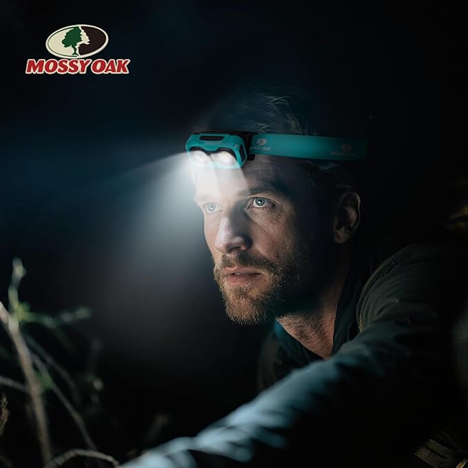 Mossy Oak 600 Lumens Rechargeable Headlamp, Lightweight LED Headlight with White & Red Light, Waterproof Head Lamp with Non-Slip Band, Dimmable & Memory Function for Camping, Running, Christmas Gifts