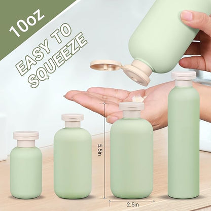 ASEVAT 10oz 4Pcs Green Plastic Refillable Travel Shampoo and Conditioner Bottles Plastic Refillable Travel Shampoo Bottles with Flip Cap Shampoo and Conditioner Dispenser
