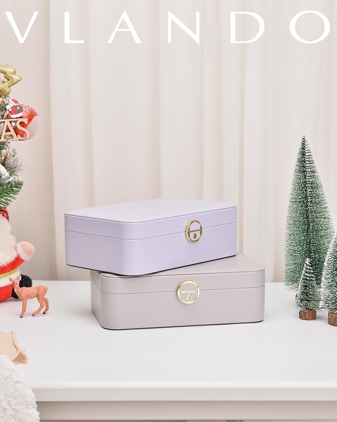 Vlando Jewelry Box Organizer for Girl,Faux Leather Lockable Jewelry Holder Organzier Case Boxes with 2 Layers,Earrings Necklace,Rings Storage,Wedding Warm Gifts Purple