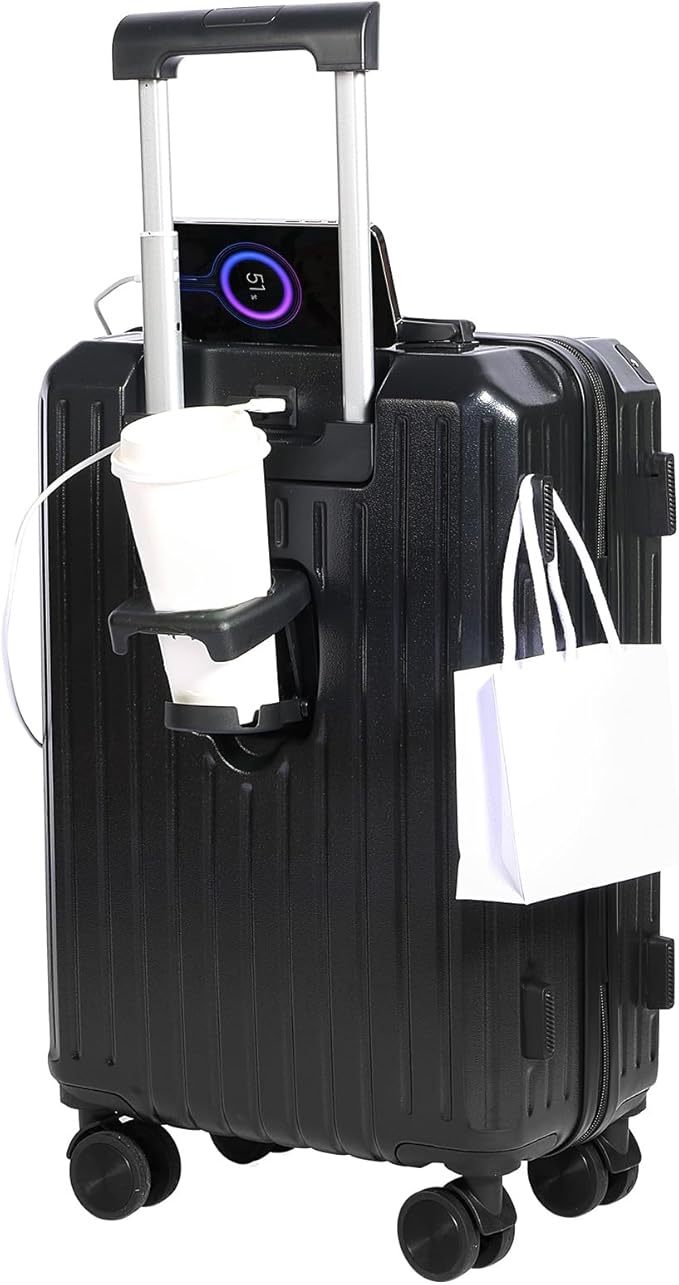 Carry-on Luggage with Cup Holder & USB Charging Port, Hard Side Luggage with Spinner Wheels, Lightweight Luggage for Travel, Business (Black, Carry-On 20-Inch)