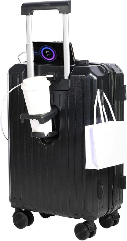Carry-on Luggage with Cup Holder & USB Charging Port, Hard Side Luggage with Spinner Wheels, Lightweight Luggage for Travel, Business (Black, Carry-On 20-Inch)