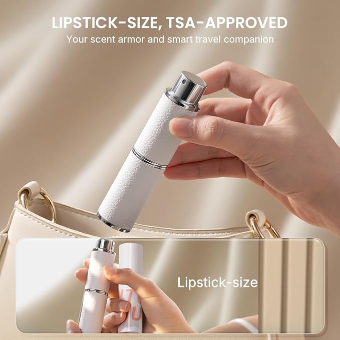 Perfume Atomizer, Rotary-Lift Nozzle, Cap-Free, Leather Refillable Spray Bottle, High-end Portable Dispenser, Travel Size TSA Approved 0.27oz/8 ml (White Purple)