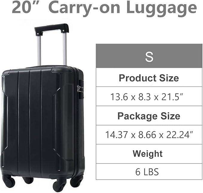 20in Carry On Luggage Hardshell Suitcase with Spinner Wheels Lightweight Lugagge Design Waterproof Durable for Travel (Black)