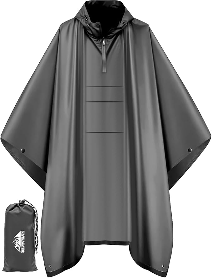 Bruvoalon 3-in-1 Rain Poncho with 1/4 Zip & Chest Pocket, Waterproof, Sunshade, Ground Mat for Adults & Youth Emergency