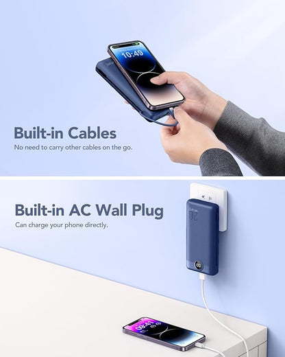 VRURC Portable Charger 20000mAh, Fast Charging Power Bank USB C,4 Output 2 Input Travel Essentials Charging Bank Equipped with LED Display,Built-in Wall Plug and Cables,Phone Charger Battery,Navy