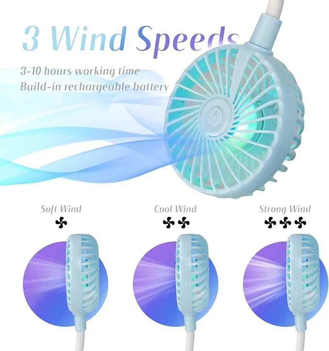 VAGAU Portable Cooling Neck Fan, Rechargeable USB Personal Neck Fan with Colorful LED lights, 360° Rotation for Office Travel Sport, 3 Adjustable Speeds（Blue）