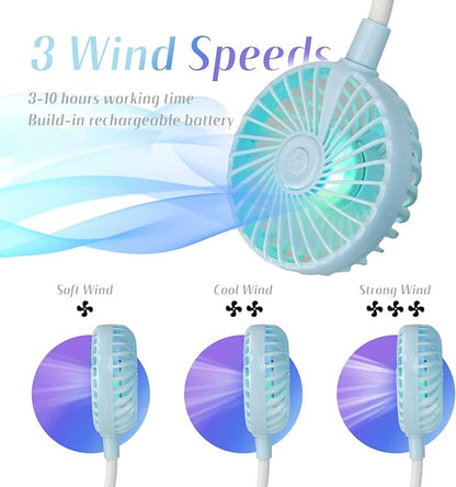 VAGAU Portable Cooling Neck Fan, Rechargeable USB Personal Neck Fan with Colorful LED lights, 360° Rotation for Office Travel Sport, 3 Adjustable Speeds（Blue）