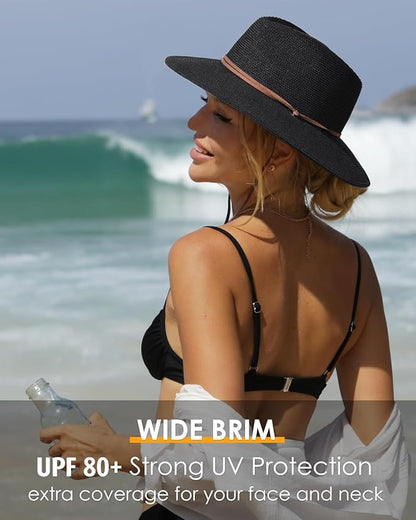 FURTALK Womens Summer Straw Sun Hats Wide Brim Panama Fedora Beach Hat with Wind Lanyard UPF 80+
