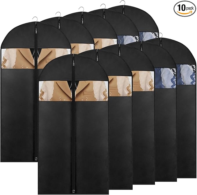 43" Suit Bags for Closet Storage and Travel, Garment Bags for Hanging Clothes, Suit Garment Bag for Men, Black Suit Cover Bags with Clear Window for Coats, Jackets, Shirts（10 Packs）