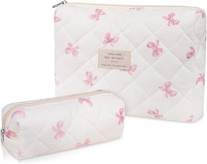 2PC Makeup Bag Set, Cute Cosmetic Bag for Women Girls, Floral Coquette Aesthetic Toiletry Bag, Travel Make Up Organizer Bag (White Pink Butterfly Flower)
