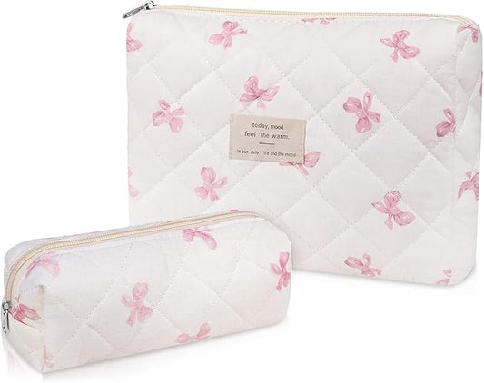 2PC Makeup Bag Set, Cute Cosmetic Bag for Women Girls, Floral Coquette Aesthetic Toiletry Bag, Travel Make Up Organizer Bag (White Pink Butterfly Flower)