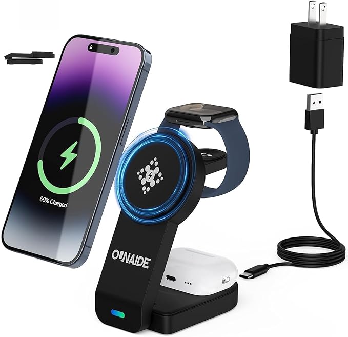 Wireless Charger for Apple MagSafe, Foldable 3 in 1 Wireless Charging Station Magnetic Charger Stand for iPhone 17/16/15/14/13/12 Series/Apple Watch10-2/Airpods (Black)