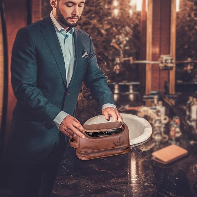 Custom Toiletries Travel Bag Leather Personalized Name Monogram Initial Toiletry Bag For Men Groomsmen Birthday Gifts For Dad Son Boyfriends Husband Size 11.4×4.9×6.5INCH
