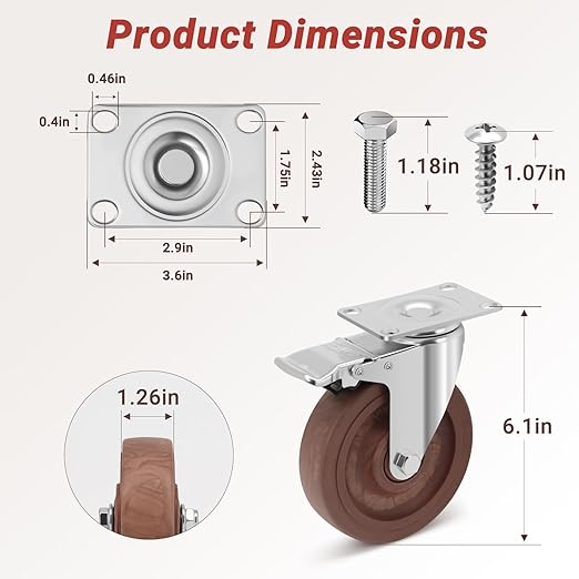 Nefish 5 Inch Casters Wheels, Heavy Duty Casters Set of 4, Durable Castor Wheels with Brake 2400 LBS, High Temperature Casters Glass Filled Nylon Wheels for Workbench, Industrial (-40°F to + 475°F)