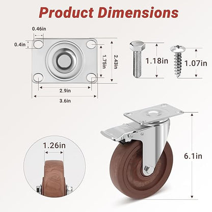 Nefish 5 Inch Casters Wheels, Heavy Duty Casters Set of 4, Durable Castor Wheels with Brake 2400 LBS, High Temperature Casters Glass Filled Nylon Wheels for Workbench, Industrial (-40°F to + 475°F)