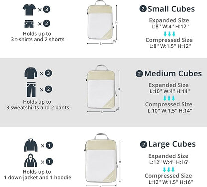 Compression Packing Cubes 10 Set, Compressible Space-Saving Packing Cubes for Travel - Compression Bags, Luggage Organizer, Travel Essentials for Women, Beige