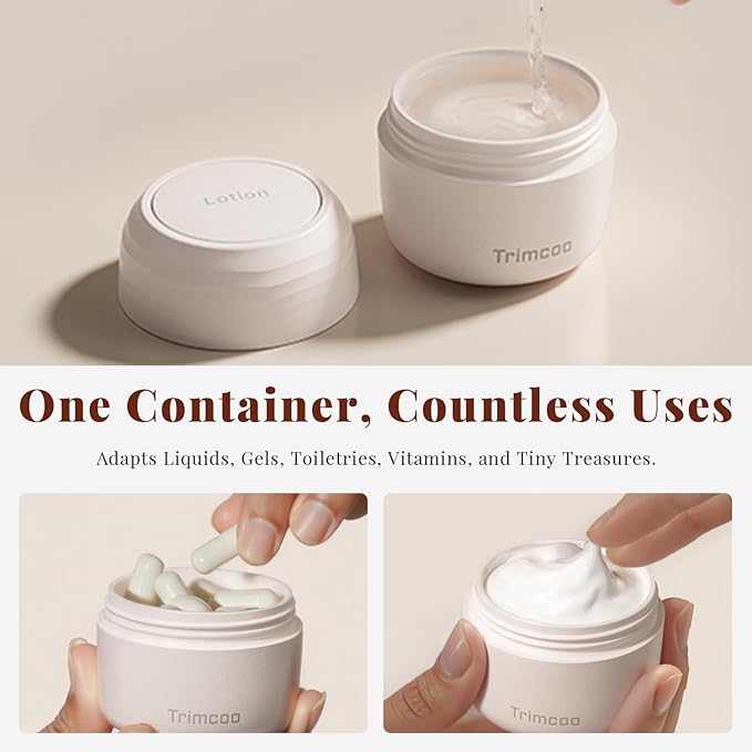 New Travel Toiletry Containers [Ultra Leakproof] TSA-Approved, PLA Hard Shell Jars with 5 Magnetic Labels, Wide Mouth Bottles for Lotion, Cleanser, Shampoo, Conditioner, Beige, 3 Pack, 1OZ