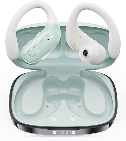 Wireless Earbuds, Sports Bluetooth Headphones, Ear Buds with ENC Noise Canceling Mic, 50Hr Playtime Earphones, Palm-Sized, LED Power Display, IPX7 Waterproof Headset for Workout Running, Green
