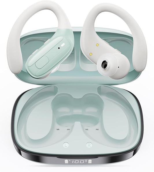 Wireless Earbuds, Sports Bluetooth Headphones, Ear Buds with ENC Noise Canceling Mic, 50Hr Playtime Earphones, Palm-Sized, LED Power Display, IPX7 Waterproof Headset for Workout Running, Green