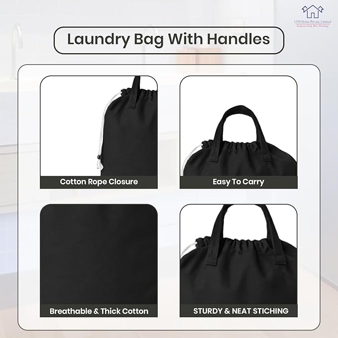 LFH Home Large Premium Cotton Canvas Laundry Bag with Drawstring and Handles Heavy Duty, Multi-Use, and Washable for Home, Travel, College or Storage 28x36 (Pack of 4)-Black