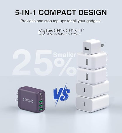 60W 2-Pack USB C Wall Charger Block, 5-Port C Charger Fast Charging Block PD Power Adapter +QC 3.0 Multiport Type C Box Brick Cube USB A Wall Plug for iPhone 14/15/16/17 Pro Max,Samsung Galaxy(Purple)