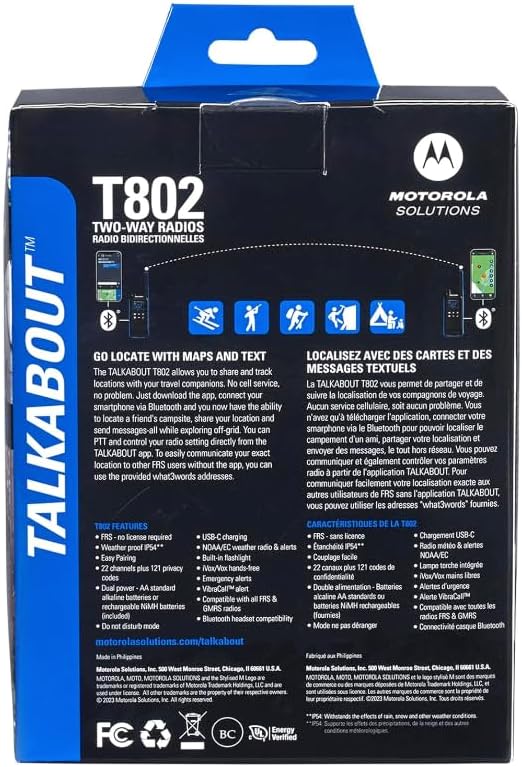 Motorola Solutions, Talkabout T802, Portable FRS Two Way Radio 2 Pack Walkie Talkies Blue/Black 22 Channels 1 Dual Charging Tray 2 PTT Earpieces