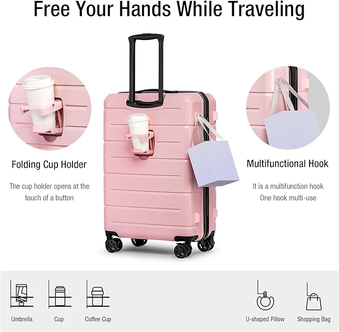 KYME 26 Inch Luggage TSA Approved Hardshell Suitcases with Spinner Wheels Durable Medium Travel Checked Luggage with Cup Holder for Women Men Pink