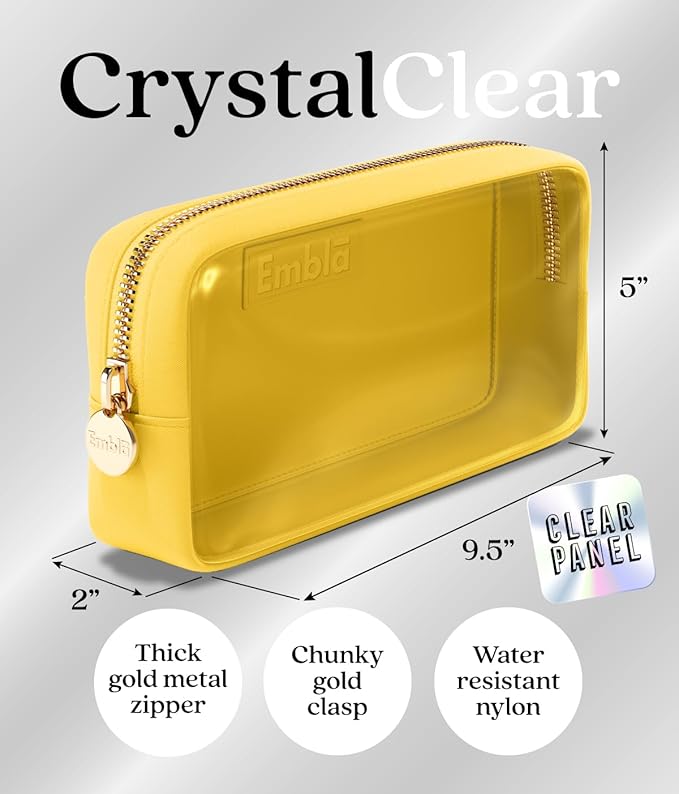 Embla London Makeup Bag Cosmetic Case, Clear Zipper Make Up Pouch and Toiletry Travel Tote, Cute Skincare Pouches for Women Girls, Preppy Purse Cosmetic Organizer, Small Makeup Bags, Lemon