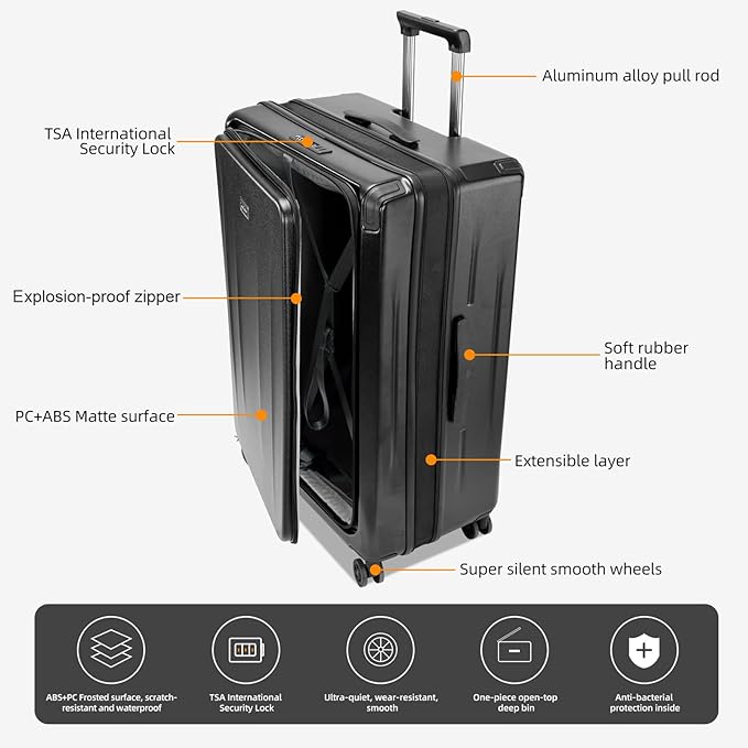 Premium 29 Inch Luggage, Top Opening Aluminum Frame Airline Approved ABS+PC Hard Shell Suitcases with Silent Wheels, TSA Lock, Front Pocket and Wet-dry Separated Six-piece set
