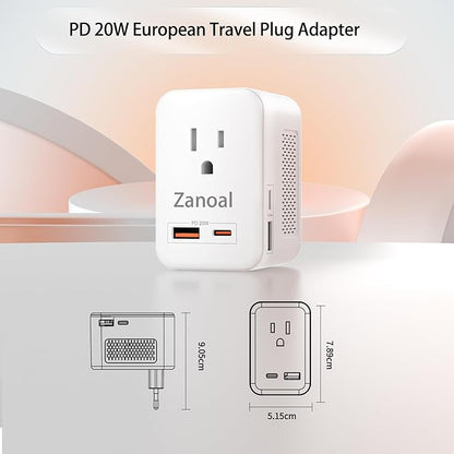 6 in 1 European Travel Plug Adapter,220v to 110v Voltage Converter,US to Europe Travel Adapter,20W PD USB-C Power Adapter, 2 USB A+ 2 Type C,Max 1400w for Hairdryer/traightener/Curling Iron