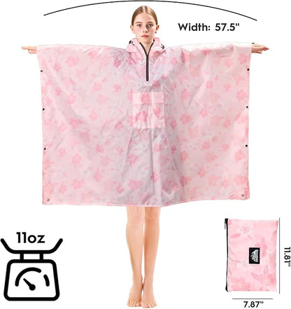 Bruvoalon 3-in-1 Rain Poncho with 1/4 Zip & Chest Pocket, Waterproof, Sunshade, Ground Mat for Adults & Youth Emergency