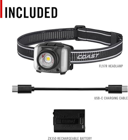 Coast FL97R Voice-Controlled 1200 Lumen Rechargeable LED Headlamp with Pure Beam® Spot & Flood, ARC Lighting, Red & Green Color Modes, Glide Focus™ Radial Arm Dial and USB-C Charge Port, Grey