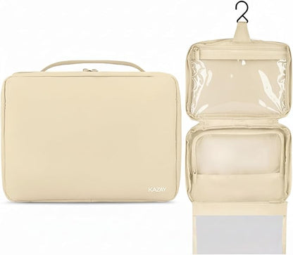 KAZAY Hanging Toiletry Bag with TSA Approved Detachable Pouch, Travel Toiletry Bag, Water Resistant, Premium Nylon, Full-Size Bottles, Travel Size Toiletries, Cosmetic Bag, Unisex (Beige)