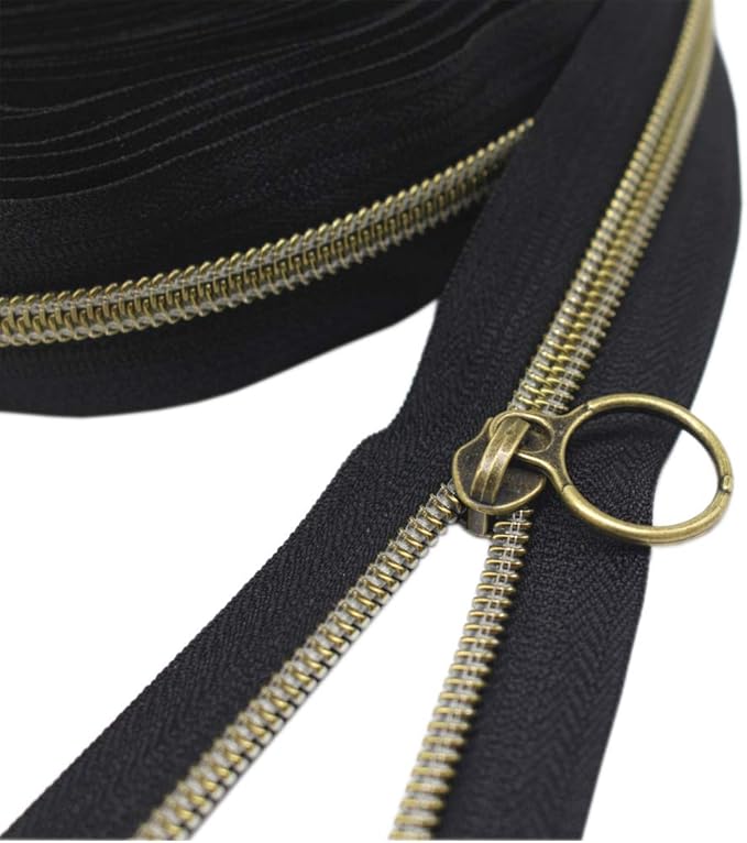 YaHoGa #5 Antique Brass Metallic Nylon Coil Zippers by The Yard Bulk Black Tape 10 Yards with 20pcs Sliders for DIY Sewing Tailor Craft Bag (Anti-Brass Black)