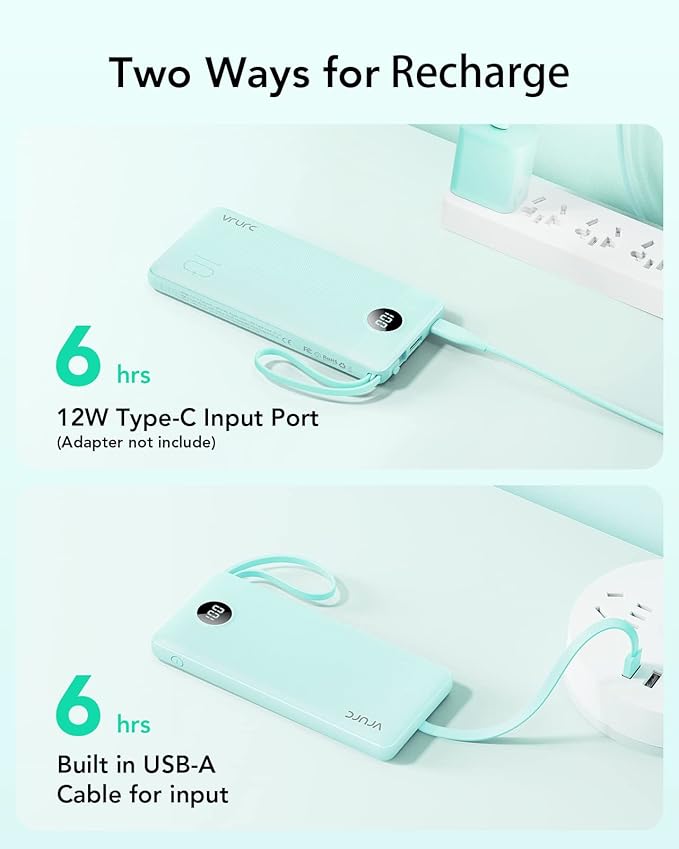 VRURC Portable Phone Charger, Portable Charger USB C 10000mAh, 5 Outputs 2 Inputs Travel Battery Power Bank Built-in Cables Cords for iPhone 17 Pro 17 16 15 14 13,Samsung,Android-Green(1 Pack)