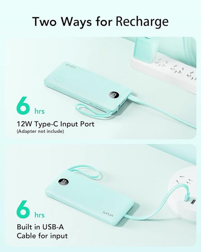VRURC Portable Phone Charger, Portable Charger USB C 10000mAh, 5 Outputs 2 Inputs Travel Battery Power Bank Built-in Cables Cords for iPhone 17 Pro 17 16 15 14 13,Samsung,Android-Green(1 Pack)