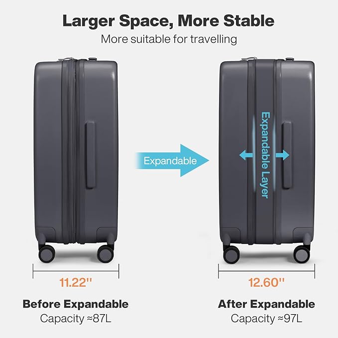 mixi 26 Inch Large Expandable Checked Luggage Suitcases with Spinner Wheels, Hardside Rolling Travel Suitcase PC with TSA Lock & Cover, Rock Gray