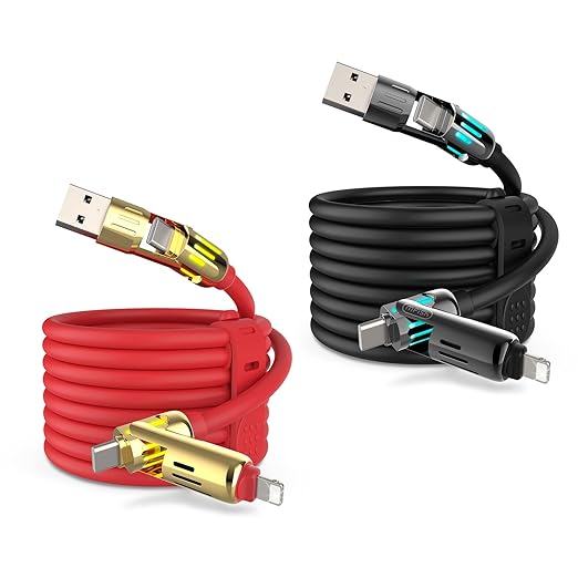 MFish 240W 4-in-1 Universal USB Charging Cable [2 Pack, 6.6ft] – Fast Charger Cord with USB-A, Dual USB-C & Lighting, for iPhone 14/15/16/17 Series, iPad & MacBook & More (2PACK, Black+Red, 6.6Ft)