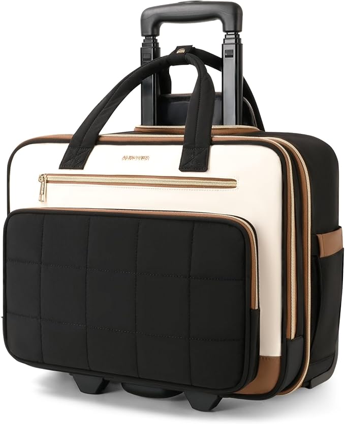Rolling Puffer Laptop Bag, Rolling Briefcase for Women, Wheeled 16 Inch Computer Bag, Water Resistant Stylish Overnight Underseat Carry On Luggage with Wheels for Work Travel Business, Beige Brown