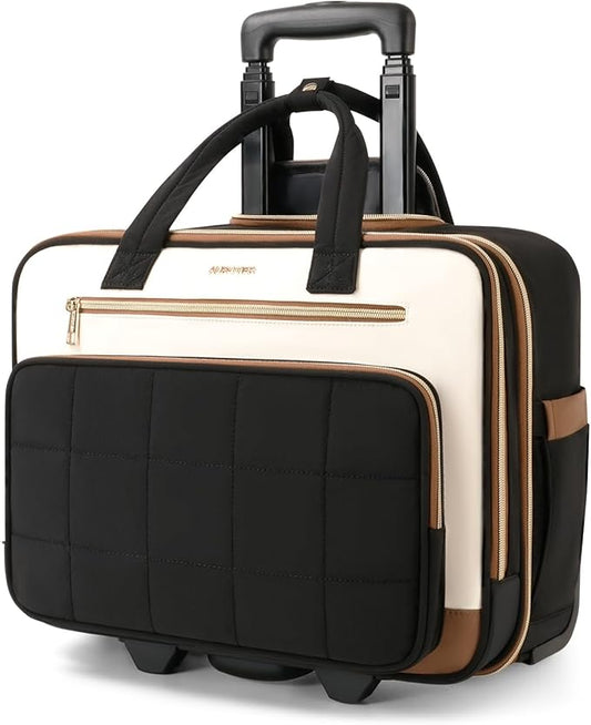 Rolling Puffer Laptop Bag, Rolling Briefcase for Women, Wheeled 16 Inch Computer Bag, Water Resistant Stylish Overnight Underseat Carry On Luggage with Wheels for Work Travel Business, Beige Brown