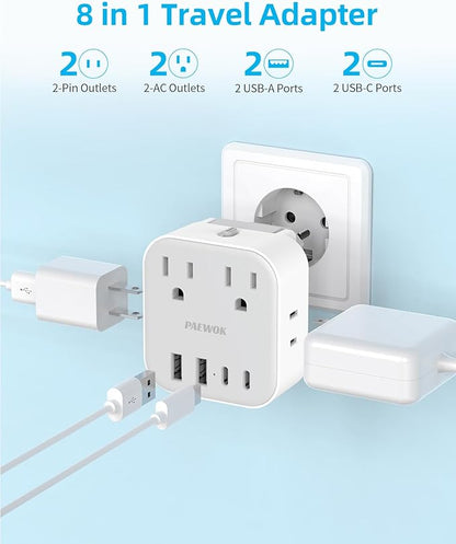 European Travel Plug Adapter Set, 8-in-1 Travel Adapter with 4 Outlets, 4 USB Ports (2 USB C), US to UK/EU/South Africa, International Power Adapter with Type C/G/D/M Detachable Plugs